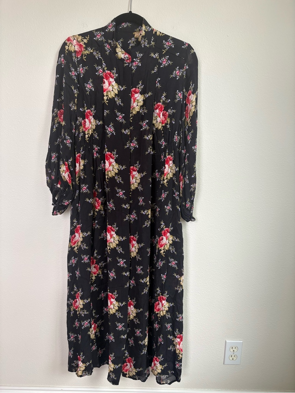 Vintage-Style 100% Silk Floral Midi Shirt Dress - Size Medium